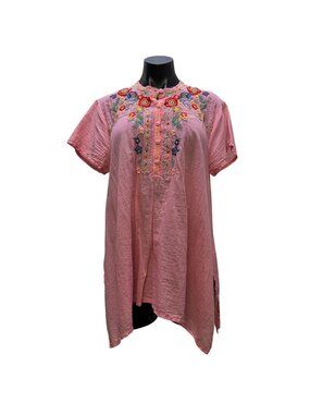 Johnny Was Embroidered Pink Floral Blouse Tunic Multi M